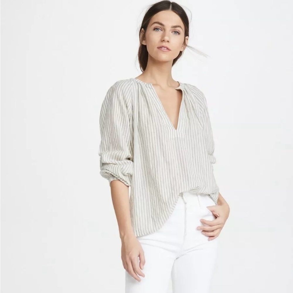 Nili Lotan Cream and Light Gray Striped V-Neck Blouse